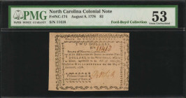 NC-174. North Carolina. August 8, 1778. $2. PMG About Uncirculated 53. Remainder.

No. 11418. Signed by R. White. Motto Virtuous Councils the Cement o...