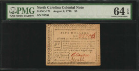 NC-176. North Carolina. August 8, 1778. $5. PMG Choice Uncirculated 64 EPQ.

No. 33704. Signed by Richard Cogdell and Jesse Cobb. Motto "The Rising St...