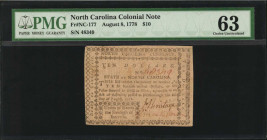 NC-177. North Carolina. August 8, 1778. $10. PMG Choice Uncirculated 63.

No. 48349. Signed by Joseph Armitage and H. Machilwien. Motto "Union of Hear...