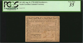 NC-182. North Carolina. August 8, 1778. $100. PCGS Currency Very Fine 35.

No. 540. Signed by Benjamin Hawkins and Caswell. Motto "Freedom, or an hono...