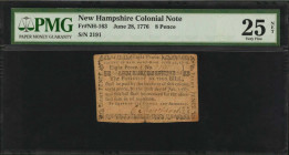 NH-163. New Hampshire. June 28, 1776. 8 Pence. PMG Very Fine 25 Net. Tears.

No. 2191. PMG lists five examples for this catalog number in their gradin...