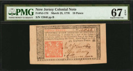 NJ-176. New Jersey. March 25, 1776. 18 Pence. PMG Superb Gem Uncirculated 67 EPQ.

No. 12846, Plate B. A coveted Gem offering of this 18 Pence note, w...