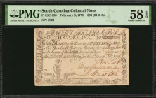 SC-158. South Carolina. February 8, 1779. $90. PMG Choice About Uncirculated 58 EPQ.

No. 5822. Signed by John Scott, Theodore Gaillard, Jr., and Plow...