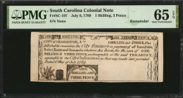 SC-197. South Carolina. July 6, 1789. 1 Shilling, 3 Pence. PMG Gem Uncirculated 65 EPQ. Remainder.

Remainder. Top Pop at PMG for the entire 1789 Issu...