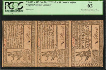 Uncut Vertical Strip of (3). VA-123 to 125. Virginia. October 20, 1777. $1/3 to $1. PCGS Currency New 62.

No. 2447. These notes are scarce individual...