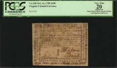 VA-200. Virginia. October 16, 1780. $400. PCGS Currency Very Fine 20 Apparent. Major Restorations; Backed; Design and Signature Redrawn.

No. 226. Sig...