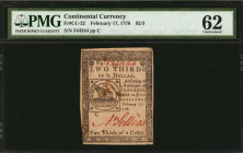 CC-22. Continental Currency. February 17, 1776. $2/3. PMG Uncirculated 62.

No. 544344. Boldly signed by Nathan Sellers. Imprint of Hall and Sellers. ...