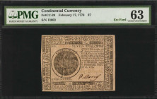 CC-29. Continental Currency. February 17, 1776. $7. PMG Choice Uncirculated 63.

No. 13603. Signed by Redman and Bond. A very pretty example of this b...