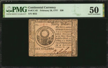 CC-62. Continental Currency. February 26, 1777. $30. PMG About Uncirculated 50.

No. 4032. Signed by Coale and Johnson. Emblem of a wreath on a tomb. ...