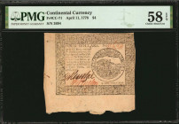 CC-71. Continental Currency. April 11, 1778. $4. PMG Choice About Uncirculated 58 EPQ.

No.3634. Signed by D. Reintzel and S. Bryson. The emblem on th...