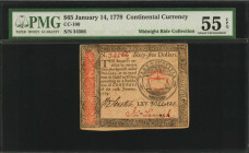 CC-100. Continental Currency. January 14, 1779. $65. PMG About Uncirculated 55 EPQ.

No. 34566. No. 23410. Signed by Stretch and Leacock. Emblem of a ...