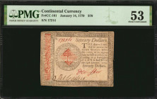 CC-101. Continental Currency. January 14, 1779. $70. PMG About Uncirculated 53.

No. 17214. Signed by Dwister and Gaither. This is the second-highest ...