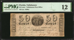 Tallahassee, Florida. Tallahassee Post Office. ND (ca. 1830s). 50 Cents. PMG Fine 12.

(Benice 103) No imprint. Woman seated with god at center flanke...