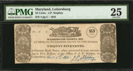 Leitersburg, Maryland. J.P. Stephey. 1841. 25 Cents. PMG Very Fine 25.

Shank Unlisted. Dec. 1, 1841. Low serial number 4. Imprint of Weis and Elliott...