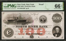 New York, New York. North River Bank. 1850s. $100. PMG Gem Uncirculated 66 EPQ. Proof.

(NY-1845 G58). Plate B. 18__ Proof. Four POC's. Printed on Ind...
