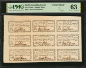 Uncut Sheet of (9). Salem, North Carolina. Samuel Stotz, Moravian Church. 1803. 2-3-4 Pence. PMG Choice Uncirculated 63.

An uncut sheet of nine notes...