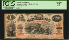 Germantown, Pennsylvania. Bank of Germantown. 1862. $1. PCGS Currency Very Fine 25.

(PA-150 G8a) American Bank Note Co. Phil. Black with vermillion t...