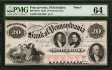 Philadelphia, Pennsylvania. Bank of Pennsylvania. 1850s. $20. PMG Choice Uncirculated 64. Proof.

(PA-480 Unlisted) as G184 Proof, Plate B. 18__ Proof...
