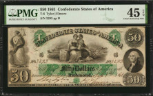 T-6. Confederate Currency. 1861 $50. PMG Choice Extremely Fine 45 EPQ.

No. 3293, Plate B. A mid grade offering of this 1861 Fifty which has earned PM...