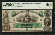 T-6. Confederate Currency. 1861 $50. PMG Extremely Fine 40 EPQ.

No. 3508, Plate B. Printed by the Southern Bank Note Company. The overprints retain t...