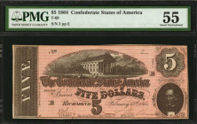 T-69. Confederate Currency. 1864 $5. PMG About Uncirculated 55. Low Serial Number 2.

No. 2, Plate E. This is the lowest serial numbered Confederate n...
