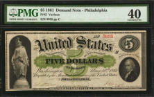 Fr. 2. 1861 $5 Demand Note. PMG Extremely Fine 40.

Philadelphia. The design is seen with the highly detailed vignette of the Thomas Crawford's statue...