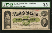 Fr. 2. 1861 $5 Demand Note. PMG Very Fine 25.

Series 14. No. 57789, Plate A. Philadelphia. The penned signatures are sharp and appealing, which is a ...