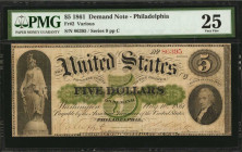 Fr. 2. 1861 $5 Demand Note. PMG Very Fine 25.

Philadelphia. Series 9. Dark green underprint remains appealing on this Very Fine Demand Note. The penn...