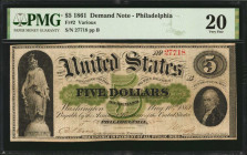 Fr. 2. 1861 $5 Demand Note. PMG Very Fine 20.

Philadelphia. A Very Fine offering of this $5 Green Back. The first secretary of the treasury, Alexande...