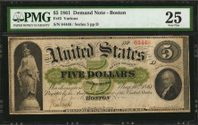 Fr. 3. 1861 $5 Demand Note. PMG Very Fine 25.

Boston. Series 5. A deep green central protector is welcomed as are the fine detail of the primary desi...