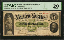 Fr. 3. 1861 $5 Demand Note. PMG Very Fine 20.

Boston. Series 8. This is one of the nicest Very Fine 20 Demand Notes in which we have had the pleasure...