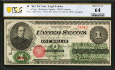 Fr. 16. 1862 $1 Legal Tender Note. PCGS Banknote Choice Uncirculated 64.

NBNC imprints. Series 174-234. No ABNC monogram. Dark red serial numbers and...