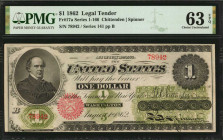 Fr. 17a. 1862 $1 Legal Tender Note. PMG Choice Uncirculated 63 EPQ.

Series 141. An exceptional example of this early Legal Tender note, which boasts ...