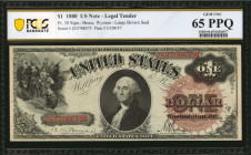 Fr. 30. 1880 $1 Legal Tender Note. PCGS Banknote Gem Uncirculated 65 PPQ.

A striking type with a bold brown spiked Treasury Seal displayed prominentl...