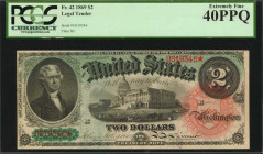 Fr. 42. 1869 $2 Legal Tender Note. PCGS Currency Extremely Fine 40 PPQ.

Good color for the assigned grade is noticed on this $2 Rainbow note. This no...