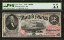Fr. 44. 1875 $2 Legal Tender Note. PMG About Uncirculated 55.

Small red seal with rays. Portrait of Jefferson at left with ornate "2" counter at top ...