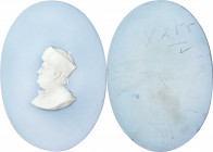 (ca. 1790-1826) Benjamin Franklin Oval Medallion by Wedgwood, after Nini. Sellers 2, Reilly & Savage f. Pale blue jasperware with a white portrait. Ex...