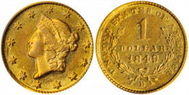 1849-D Gold Dollar. Winter 1-B. AU-55 (PCGS).

Bright lime-gold, much luster still remains, more on the obverse than on the reverse. High relief, as a...