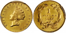 1855 Gold Dollar. Type II. MS-62 (PCGS).

With uncommonly smooth surfaces for both the type and the assigned grade (no clash marks!) and emerging to b...