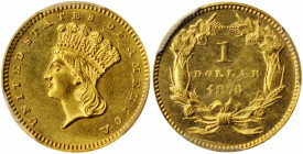 1873 Gold Dollar. Close 3. MS-62 (PCGS).

Satin to semi-reflective surfaces are fully struck in most areas with attractive color in medium olive-gold....