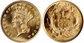 1881 Gold Dollar. MS-66 (PCGS). CAC.

Intense satin luster throughout, both sides are fully struck with delightful color in pale gold. This issue boas...