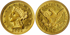 1844-D Liberty Head Quarter Eagle. Winter 5-H. AU-58 (PCGS). CAC.

Lustrous and attractive, with most design features showing typical definition. Esse...