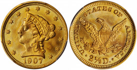 1907 Liberty Head Quarter Eagle. MS-67+ (PCGS). CAC.

The surfaces yield a smooth honey-yellow gold with subtle traces of rose patina. A boldly struck...