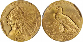 1908 Indian Quarter Eagle. MS-66 (PCGS).

Breathtakingly beautiful surfaces are awash in a blend of frosty mint luster and soft apricot-gold patina. S...