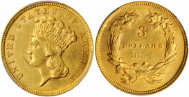 1854 Three-Dollar Gold Piece. MS-61 (PCGS).

Green-gold in color, with lustrous fields near the devices and an average strike. First year of the denom...