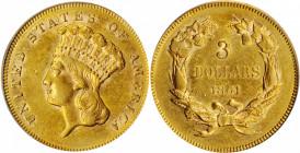 1861 Three-Dollar Gold Piece. AU-55 (PCGS).

A lovely medium gold example with sharp to full striking and appreciable mint luster remaining. The Phila...