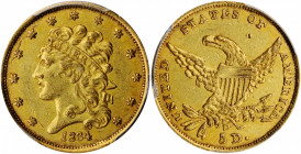 1834 Classic Head Half Eagle. HM-1. Rarity-3. Plain 4. AU-55 (PCGS).

A richly original piece dressed in warm olive-khaki patina. This coin is a minor...