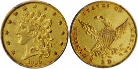 1835 Classic Head Half Eagle. HM-1. Rarity-2+. AU-50 (PCGS).

Light straw-gold patina with pale olive highlights evident as the surfaces turn away fro...