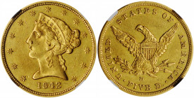 1842-D Liberty Head Half Eagle. Winter 7-E. Small Date, Small Letters. AU-55 (NGC).

Surviving examples of the 1842 Dahlonega issue generally appear i...