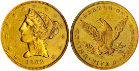 1842-D Liberty Head Half Eagle. Winter 7-E. Small Date, Small Letters. EF-45 (PCGS).

Vivid reddish-gold color with splashes of pale silvery iridescen...